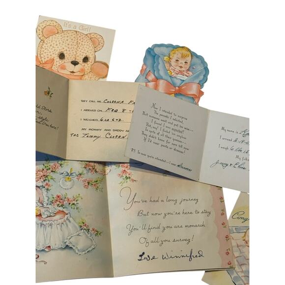 VTG Welcome New Baby Card Announcement Greeting Stork Boy Girl Just Arrived USED - Picture 7 of 7